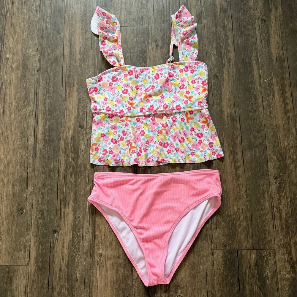 Girls' Pink Red Floral Tankini Set Two-Piece Swimwear Ruffle Straps Stretch 14